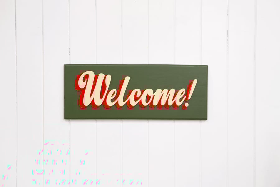 WOODEN TYPOGRAPHIC SIGN: WELCOME - GREEN