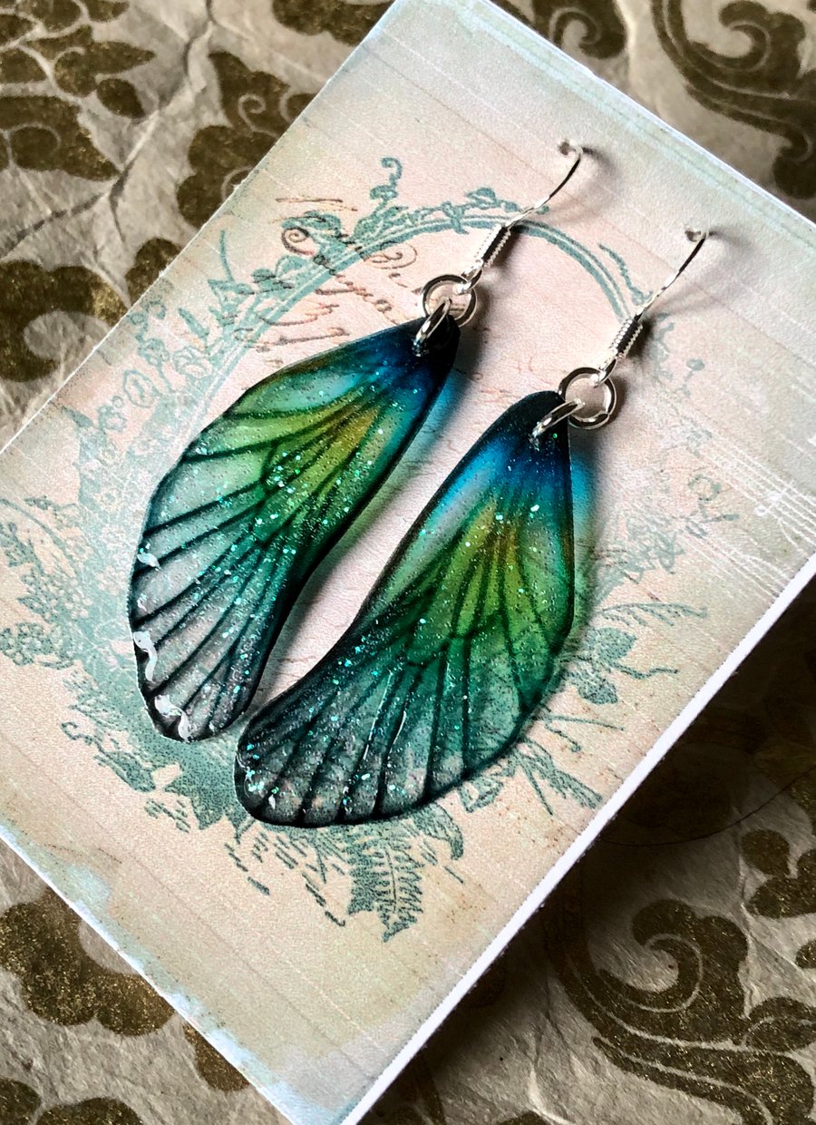 Blue and Green Translucent Fairy Wing Sterling Silver Earrings