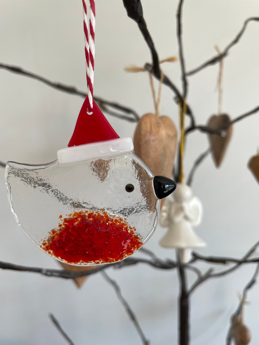 Fused glass Santa Robin Christmas Tree Decoration (Small)
