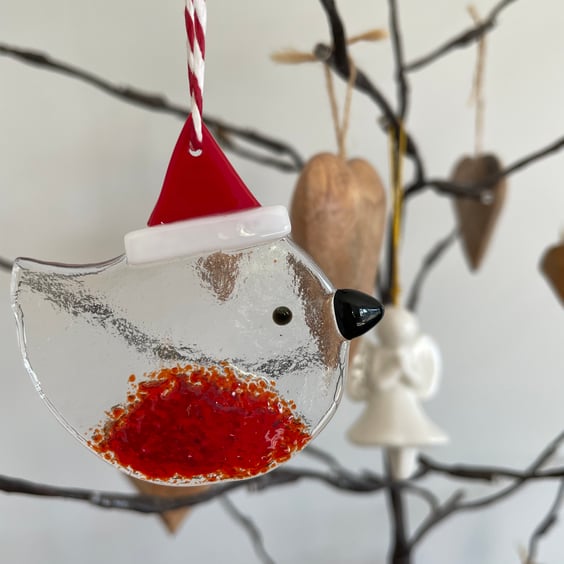 Fused glass Santa Robin Christmas Tree Decoration (Small)
