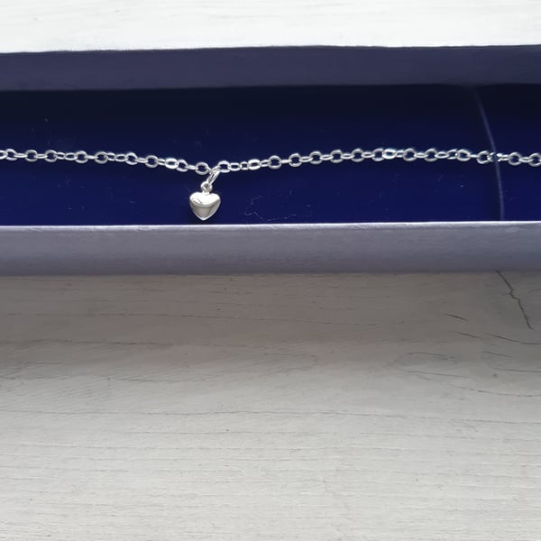 Silver plated, custom size bracelet with silver plated heart drop