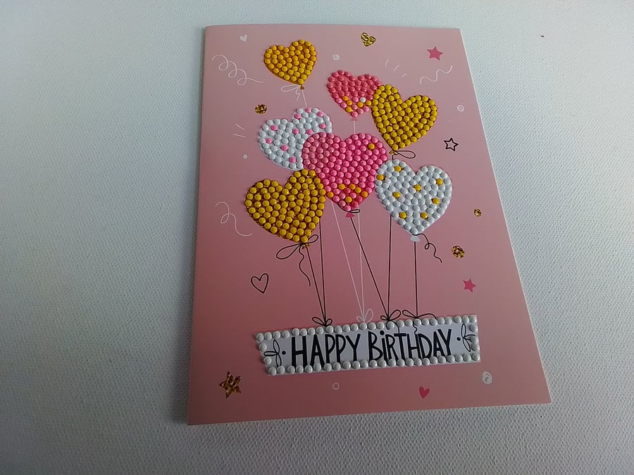 Birthday card. Diamond art card. Hearts. Balloons. CC773