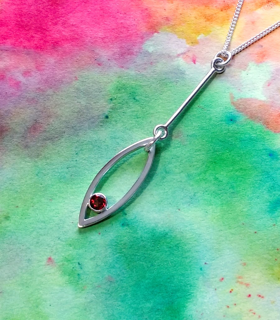 Silver Long Leaf Pendant, Red CZ, Sterling Silv... Folksy