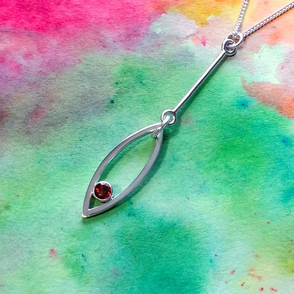 Silver Long Leaf Pendant, Red CZ, Sterling Silver Chain