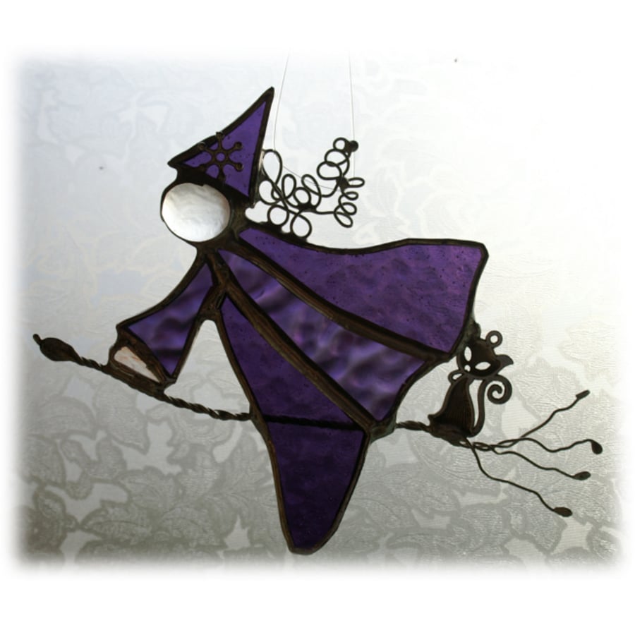 RESERVED for Julie - Witch on Broomstick Suncatcher Stained Glass Cat Handmade