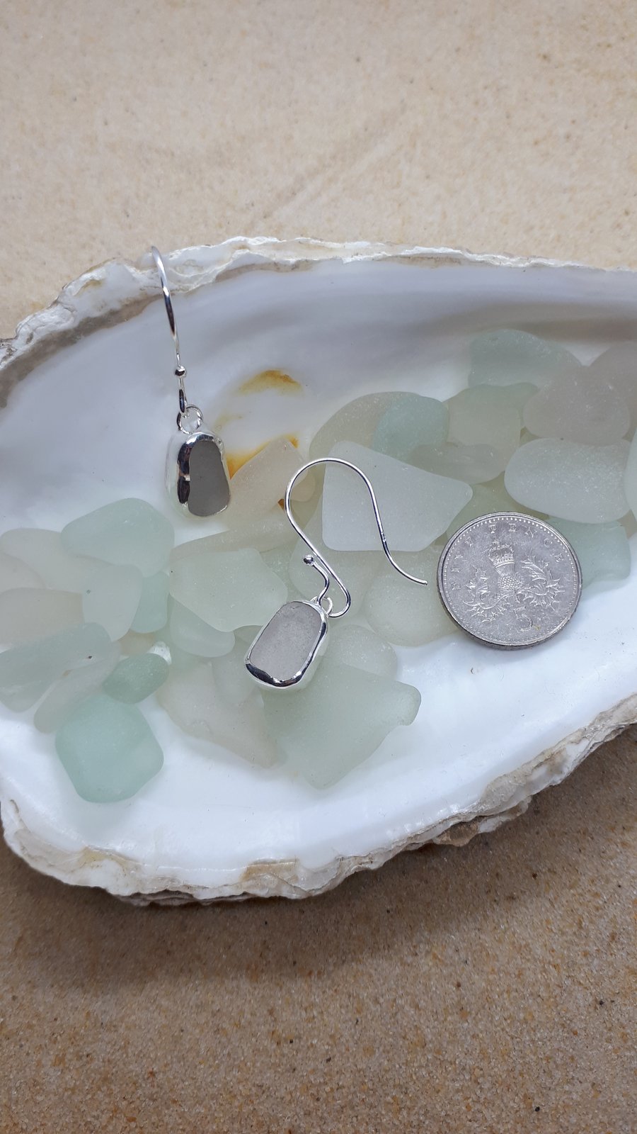 Beige grey sea glass and silver earrings