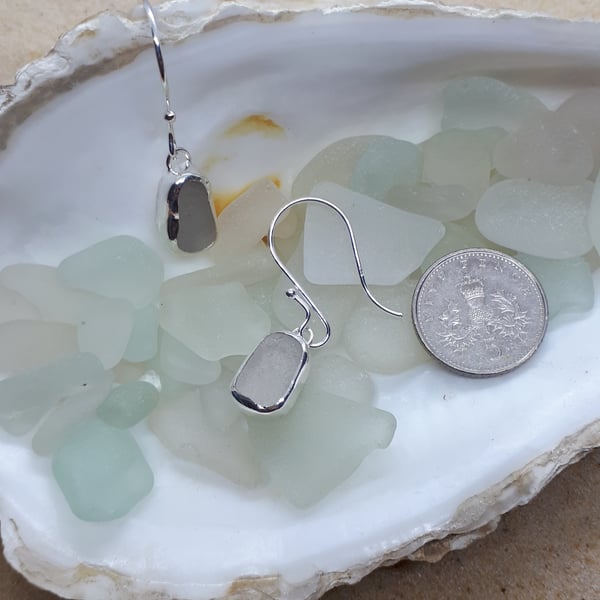 Beige grey sea glass and silver earrings