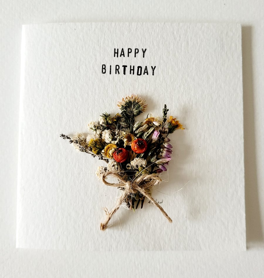 Handmade Happy Birthday 'Heather and Foliage' Pressed Flower Greeting Card 