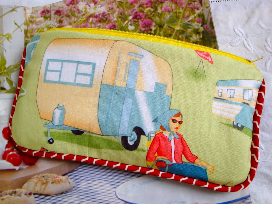 SALE Cotton Pencil case - make  up bag - piped - camping scene .