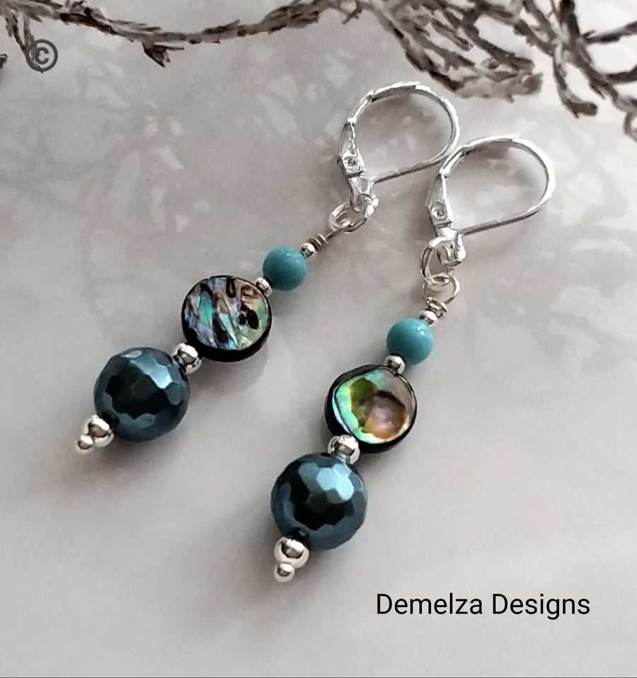 Abalone Shell, Howlite & Shell Pearls  Earrings  Silver Plate