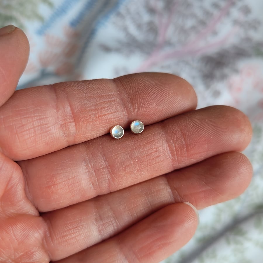 3mm Moonstone Stud Earrings, Handmade Sterling Silver Bezel Set Cabochon