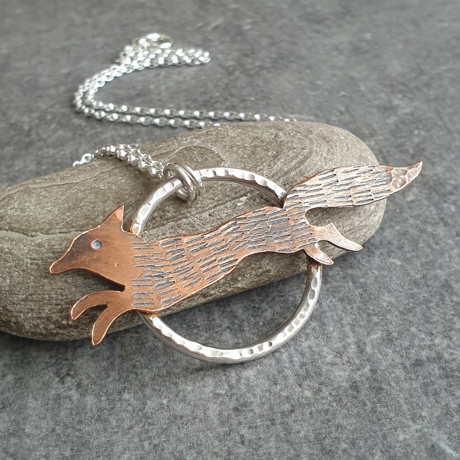 Copper fox pendant, Silver and copper necklace, 7th anniversary gift