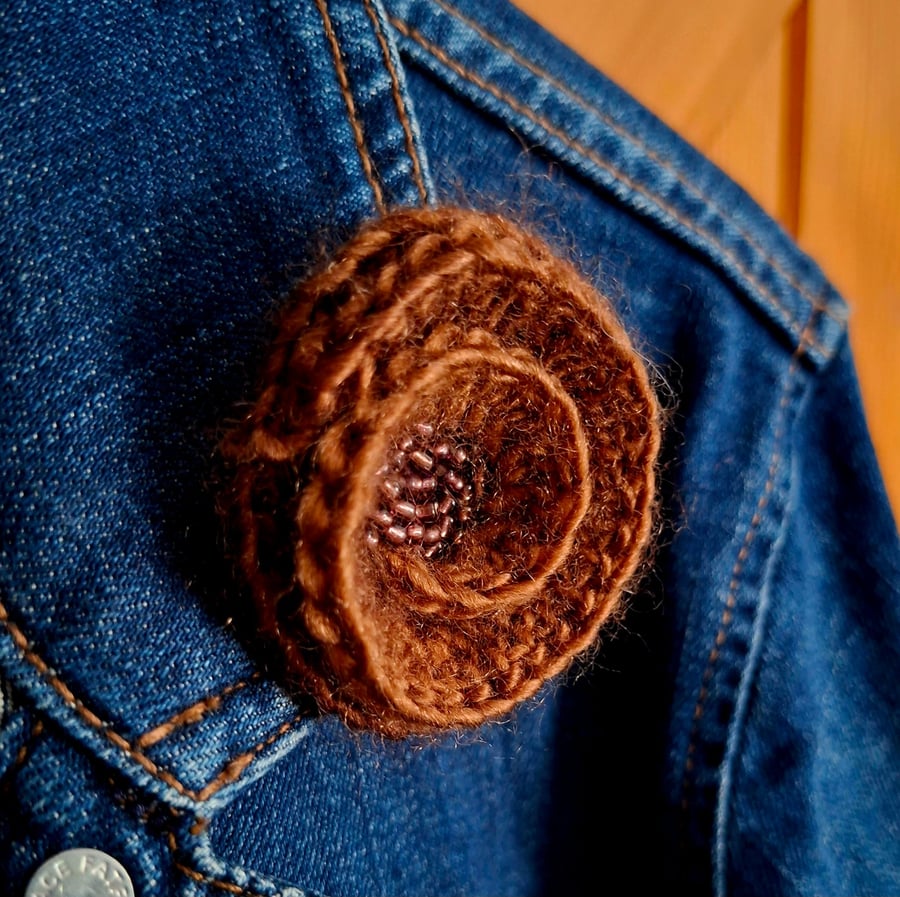 Crocheted brooch with beads - brown shades