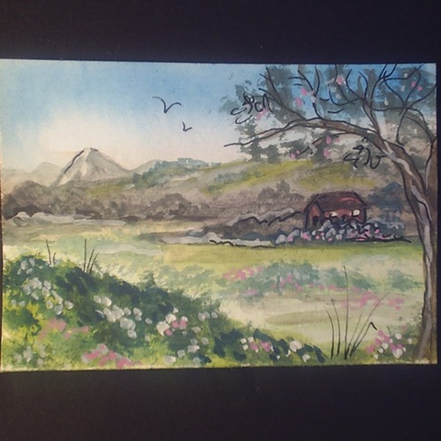 Spring aceo cottage scene