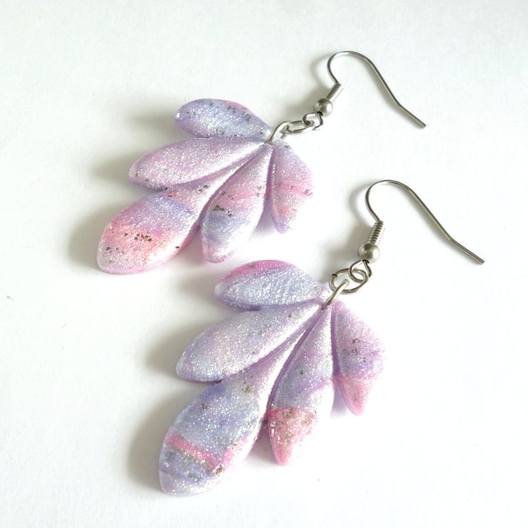 Pink & Lilac Silver Foil Polymer Clay Earrings, Stainless Steel Dangles