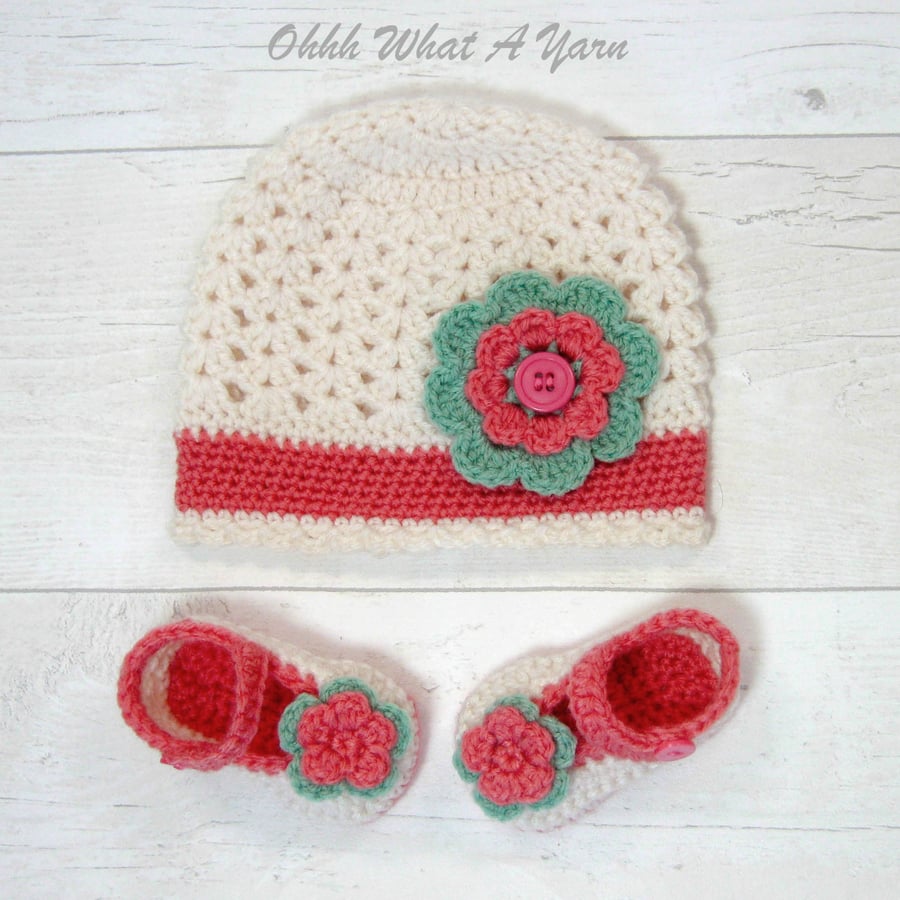 Crochet baby hat and shoes set. Cream, coral and green baby set, size 0-3 mths.