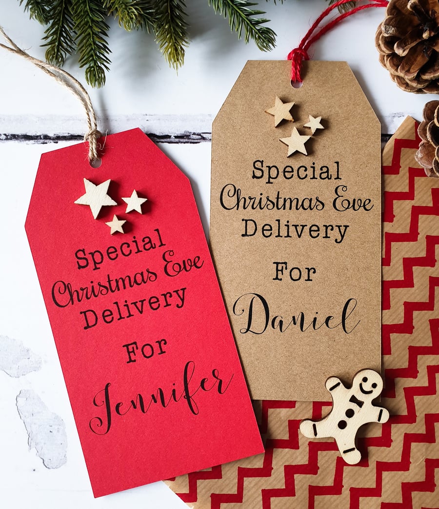 Large Christmas Eve Box Tag in Kraft or Red with Wood Stars.