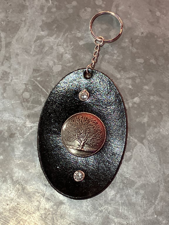 Black Leather Keyring with Tree of Life Design and 2 White Gemstones