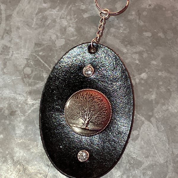 Black Leather Keyring with Tree of Life Design and 2 White Gemstones