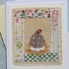 Little Speckled Hen, hand-stitched card pretty fabric border embroidered details
