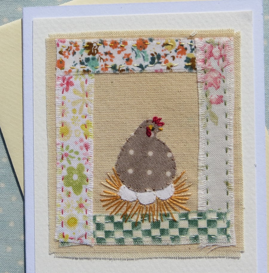 Little Speckled Hen, hand-stitched card pretty fabric border embroidered details