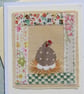 Little Speckled Hen, hand-stitched card pretty fabric border embroidered details - Image 1