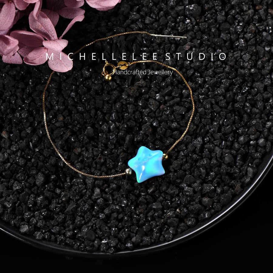 Large Light Blue Star 3D Opal With 925 Sterling Silver Bracelet