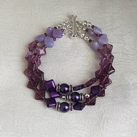 Gorgeous Purple Glass Triple Strand Cuff Bracelet