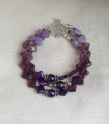 Gorgeous Purple Glass Triple Strand Cuff Bracelet