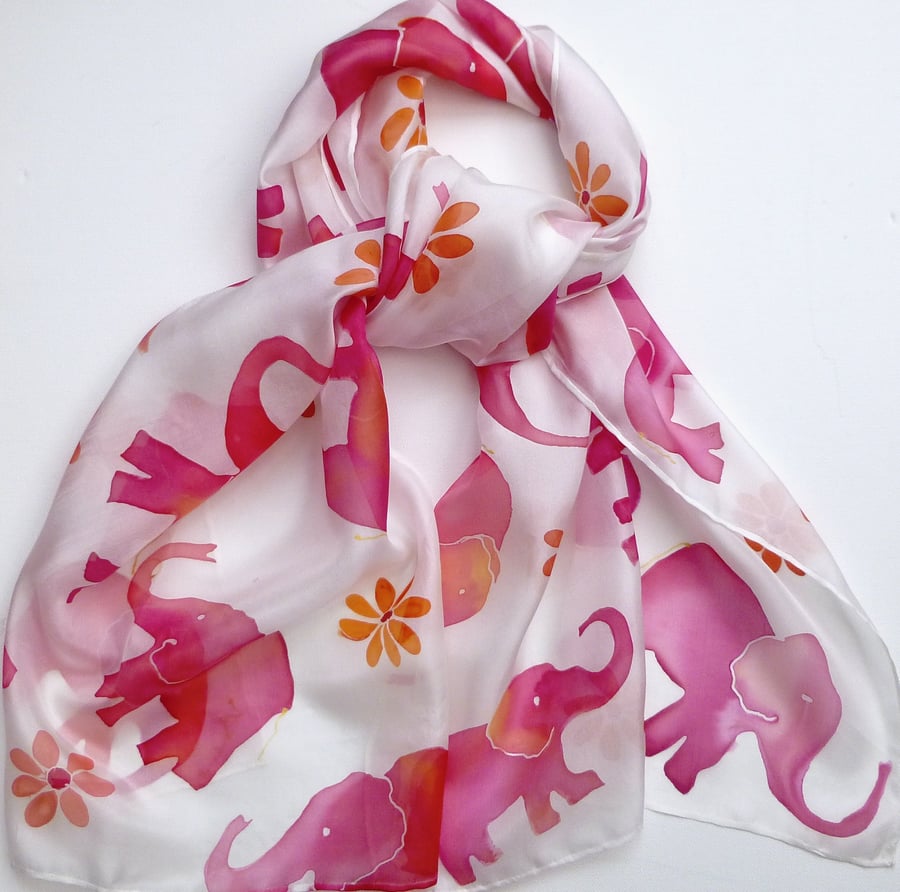 Hand painted pink elephant and daisy silk scarf