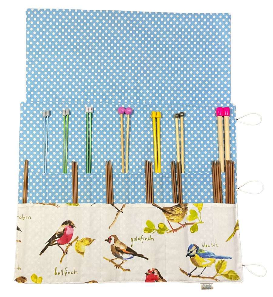 Straight and double pointed knitting needle case with birds, knitting needle pou