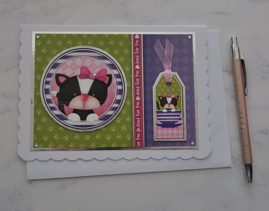 Cat Card Cup Of Tea Just Fur You Birthday Any Occasion 3D Luxury Handmade