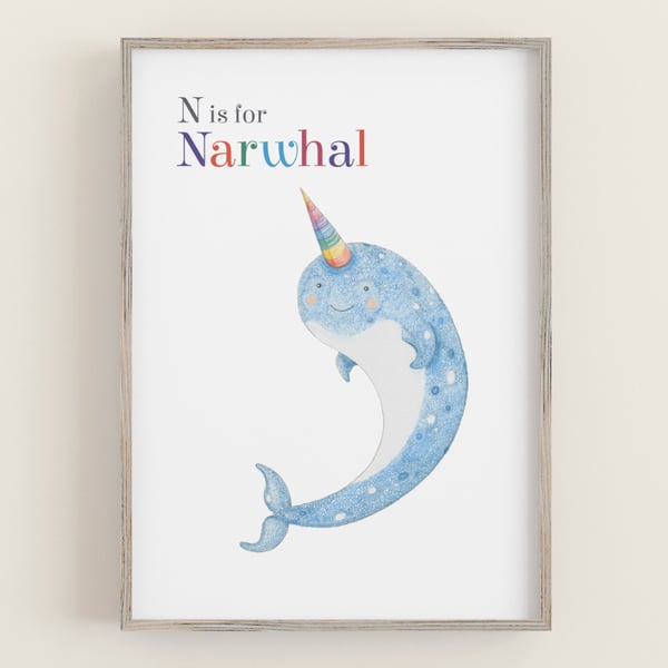 Narwhal art print: Unicorn of the sea, Artic nursery, Ocean wall art, Sea decor