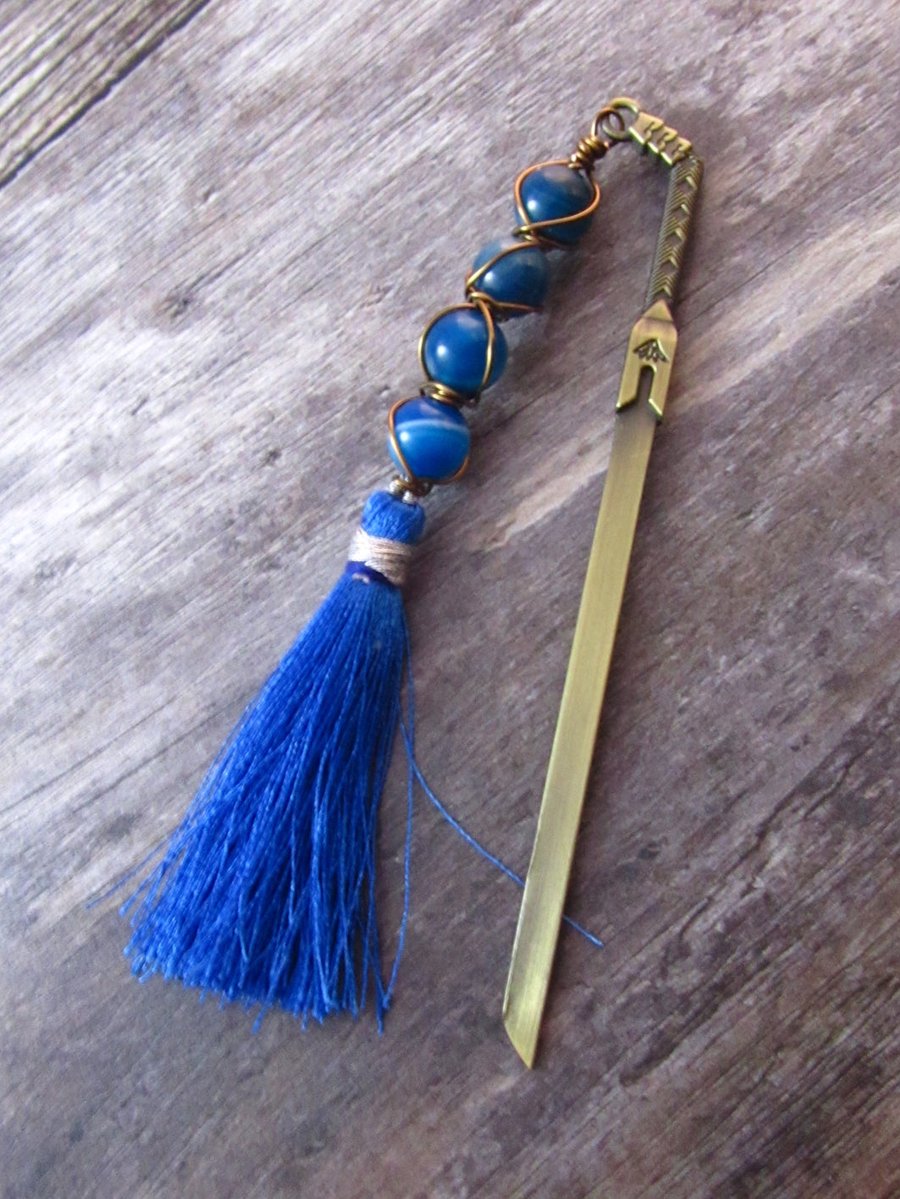 Blue Sword Bookmark, Agate Wire Wrapped Bookmark