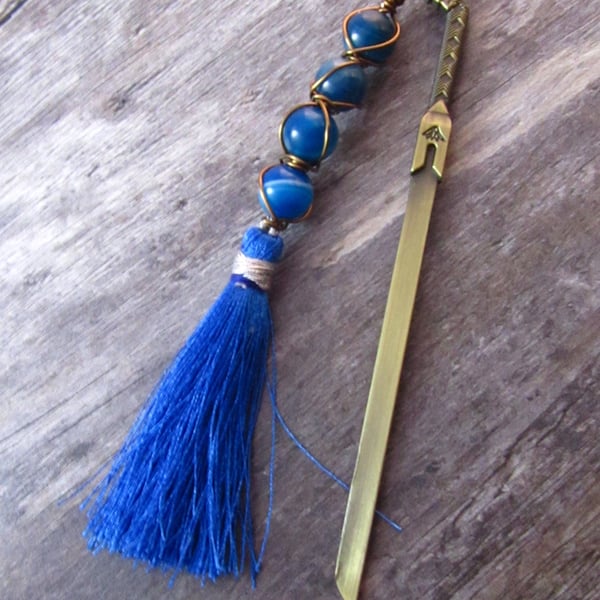 Blue Sword Bookmark, Agate Wire Wrapped Bookmark