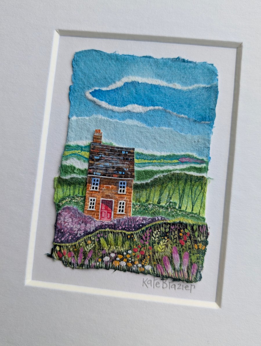 Heather Meadow Cottage - Original miniature collage. A5 Mounted