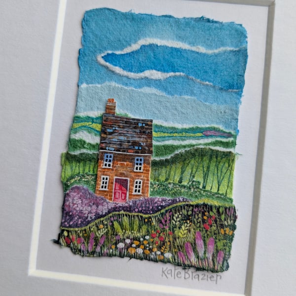 Heather Meadow Cottage - Original miniature collage. A5 Mounted