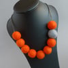 Deep Orange and Grey Chunky Felt Bead Necklace - Warm Red Felted Ball Jewellery