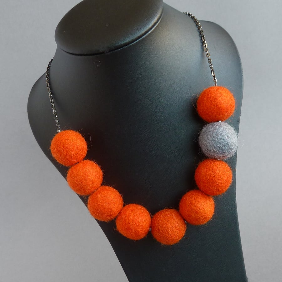 Bright Orange and Grey Chunky Felt Ball Necklace - Colour Block Felted Jewellery