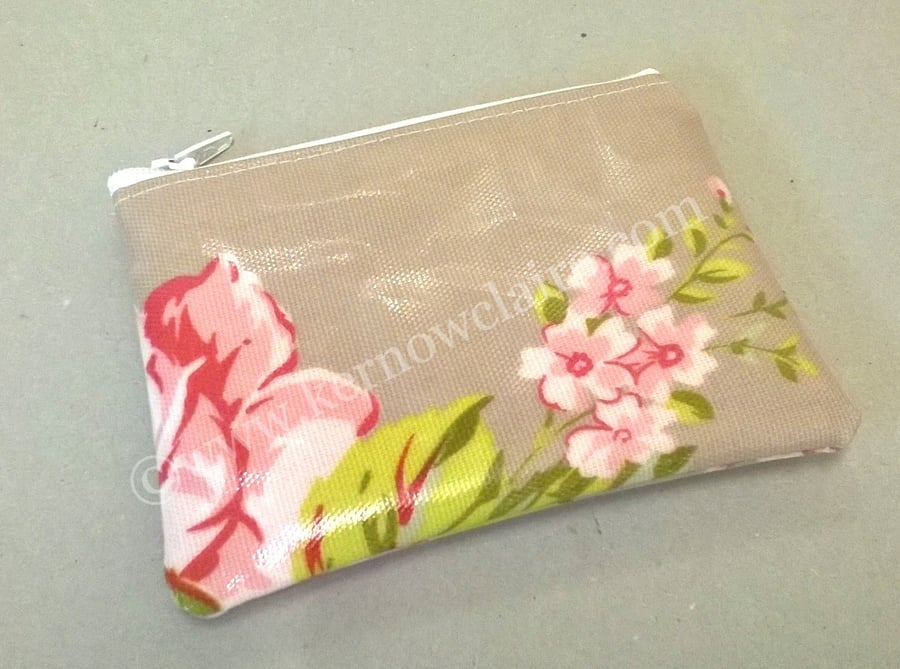 SALE - Coin purse in beige with pink flowers, free UK postage