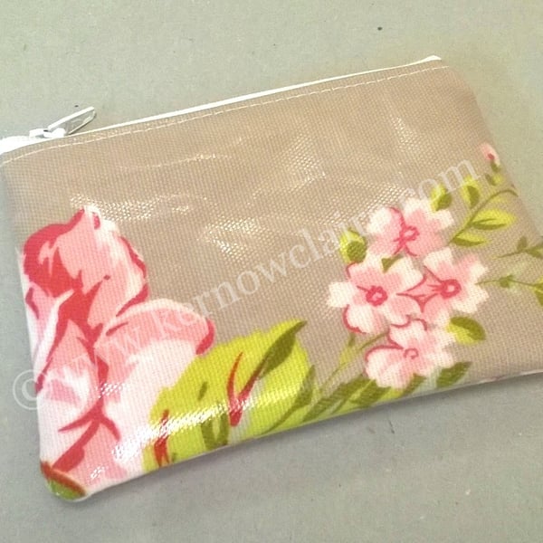 SALE - Coin purse in beige with pink flowers, free UK postage