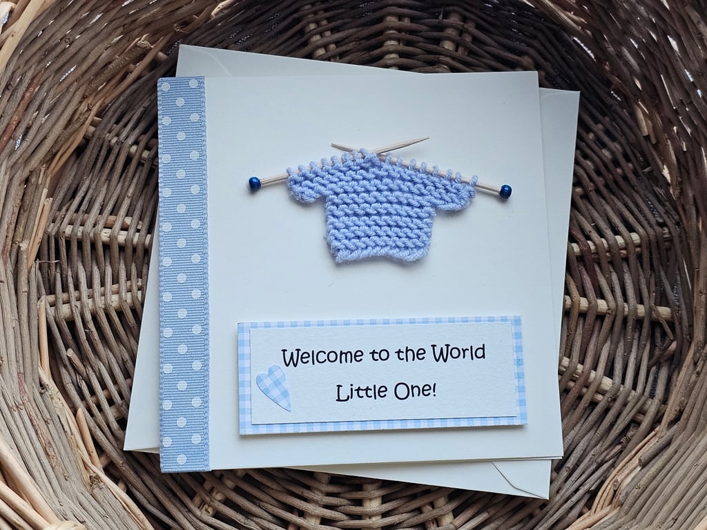 New Baby Boy Pale Blue Handmade Card with Knitted Jumper Size 5" x 5"