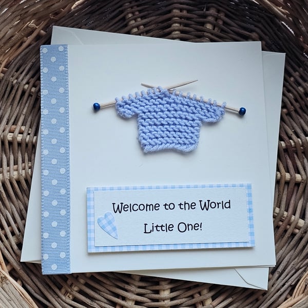 New Baby Boy Pale Blue Handmade Card with Knitted Jumper Size 5" x 5"