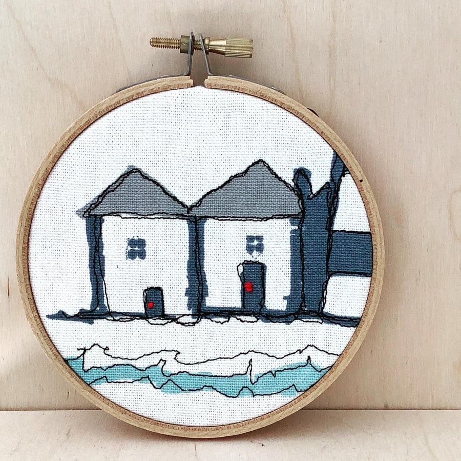 Seaside embroidery hoop, beach textile art, coastal cottages 