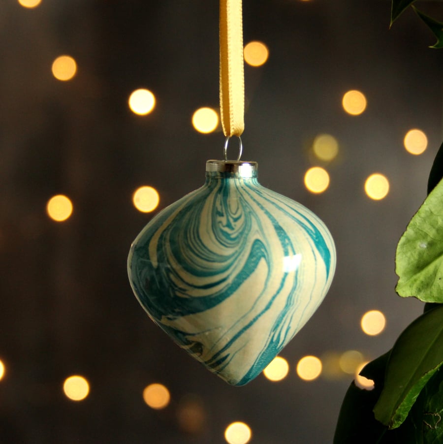 Hand Marbled Christmas gold teal bauble ceramic decoration