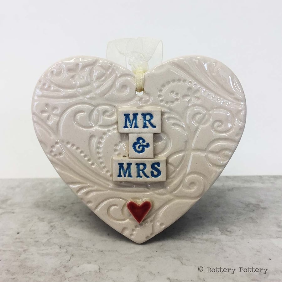  Wedding heart decoration Mr and Mrs Bride and Groom Pottery