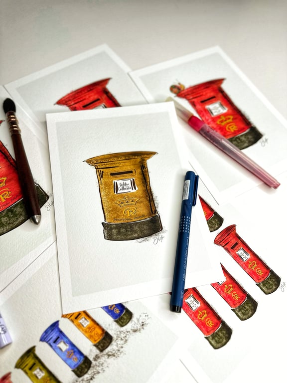 Hand Finished Watercolour A5 or A4 Art Print - Royal Mail Box Golden Collection