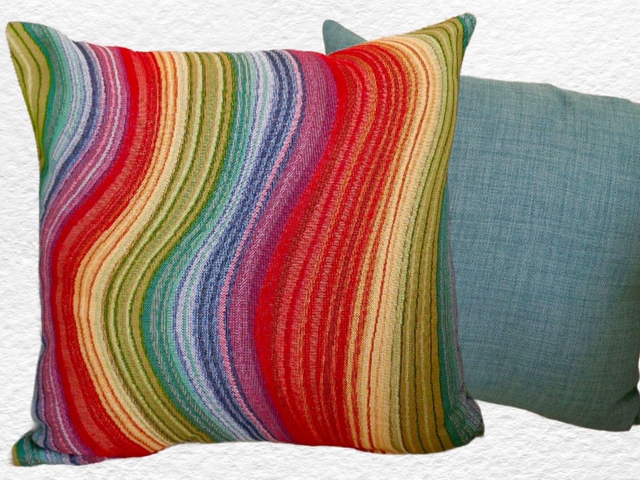 Cushion Cover: Tapestry Rainbow design Duck Egg Blue reverse 17”(43cm)