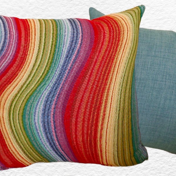 Scatter Cushion: Tapestry Rainbow design Duck Egg Blue reverse 17”(43cm)