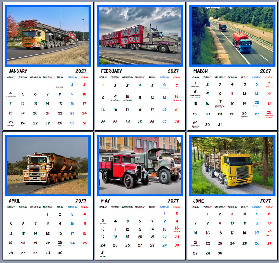 2027 Calendar Trucks Lorries A4 Size Wall Hanging 